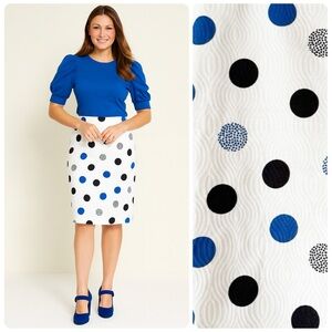 Talbots Polka Dot Pencil Skirt Off White Black Blue Size 12 Preppy Office Casual